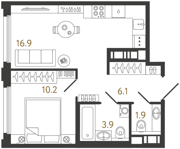 1-комнатная 39 м², 12 этаж