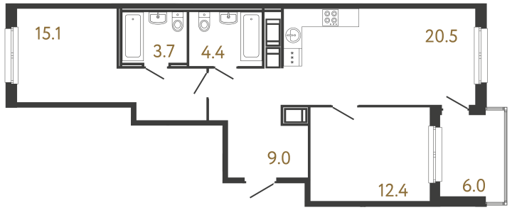 2-комнатная 65.1 м², 6 этаж