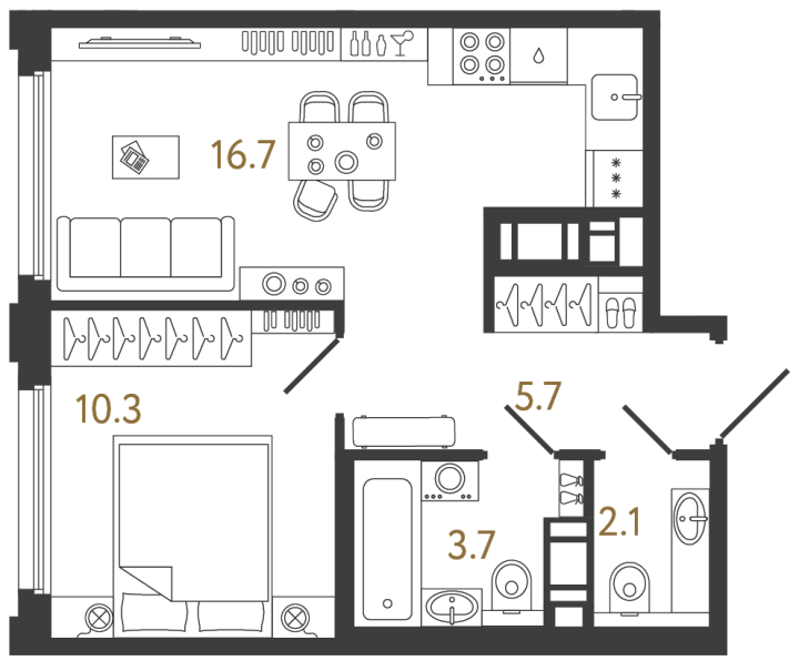 1-комнатная 38.5 м², 15 этаж