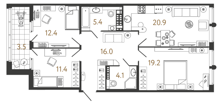 3-комнатная 89.4 м², 7 этаж, 41 205 336 руб.