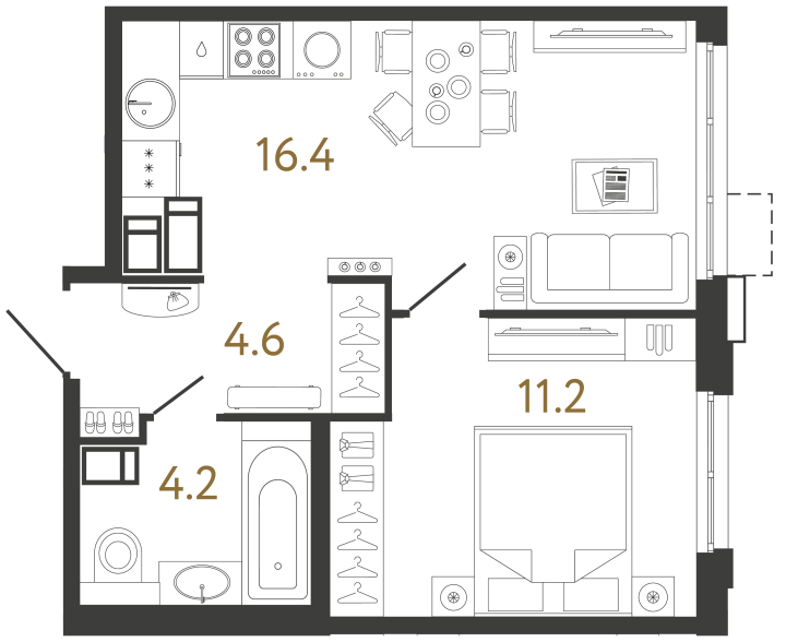 1-комнатная 36.4 м², 15 этаж