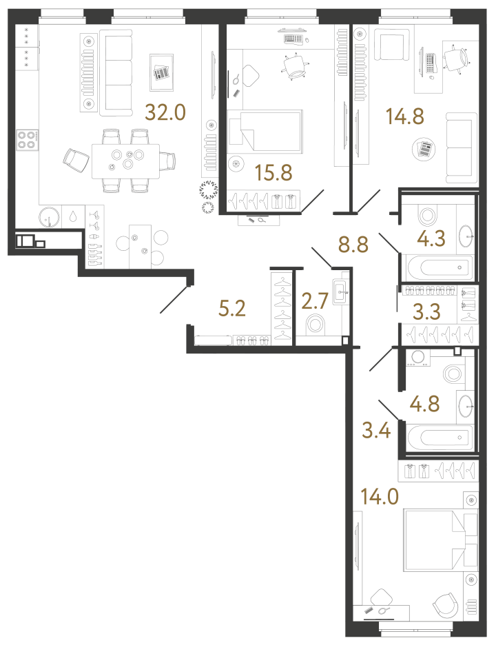 3-комнатная 109.1 м², 2 этаж