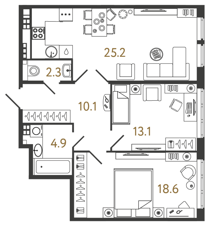 2-комнатная 74.2 м², 5 этаж