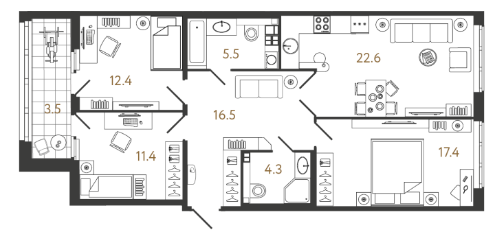 3-комнатная 90.1 м², 3 этаж, 36 167 519 руб.