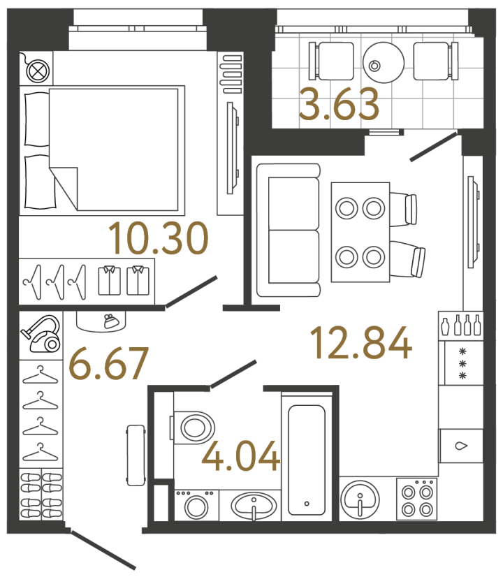 1-комнатная 33.85 м², 3 этаж