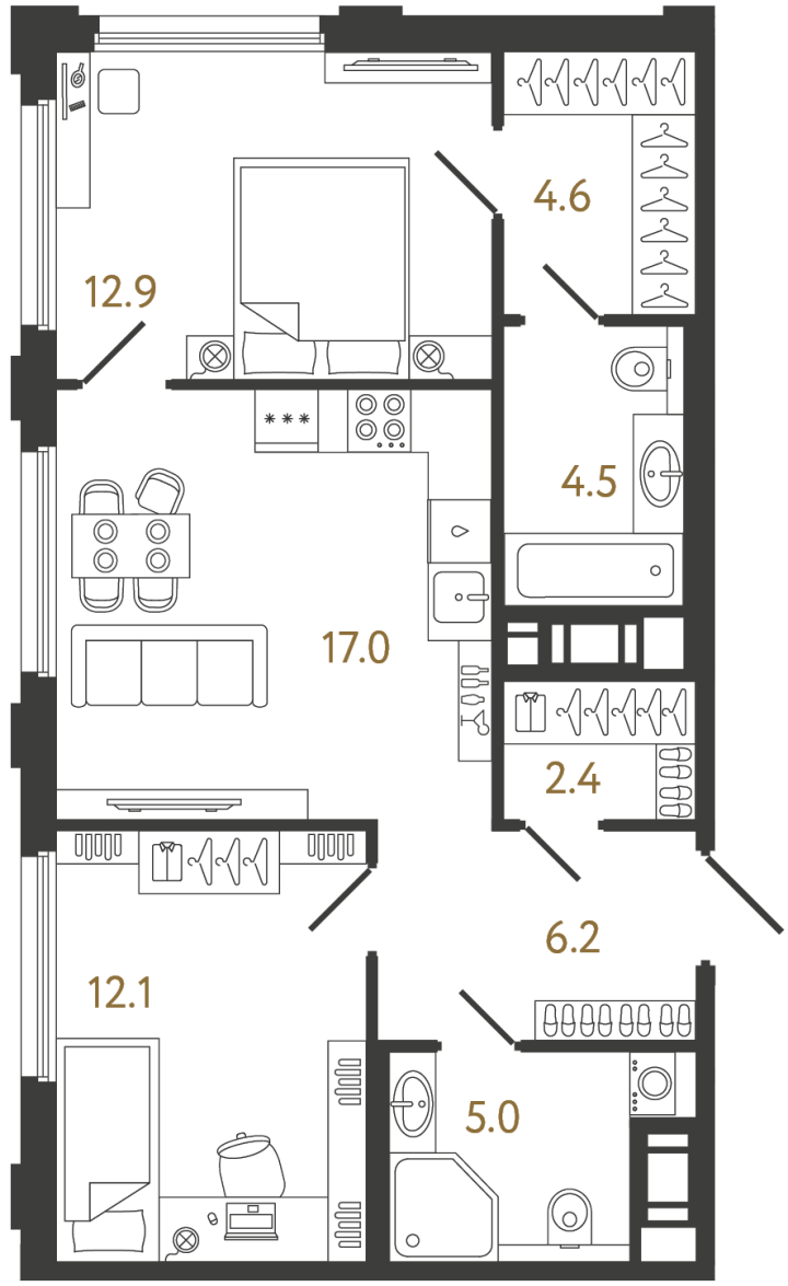 2-комнатная 64.7 м², 2 этаж