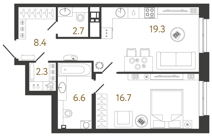 1-комнатная 56 м², 3 этаж