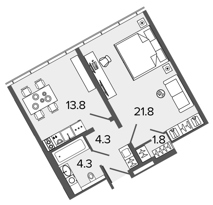 1-комнатная 46 м², 15 этаж, 11 900 000 руб.