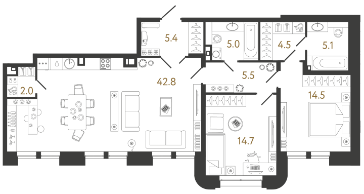 2-комнатная 99.5 м², 3 этаж