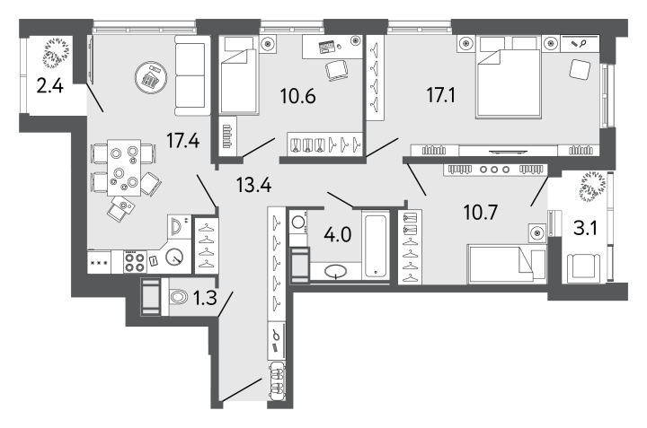3-комнатная 74.5 м², 10 этаж, 16 343 258 руб.