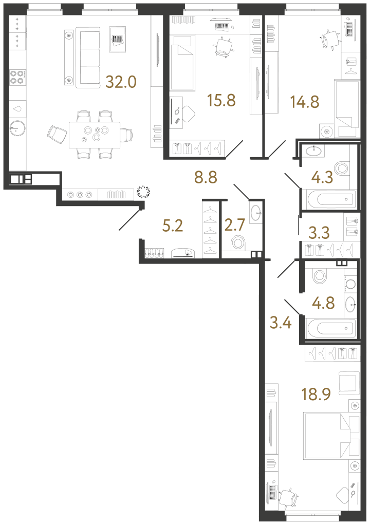 3-комнатная 114 м², 3 этаж