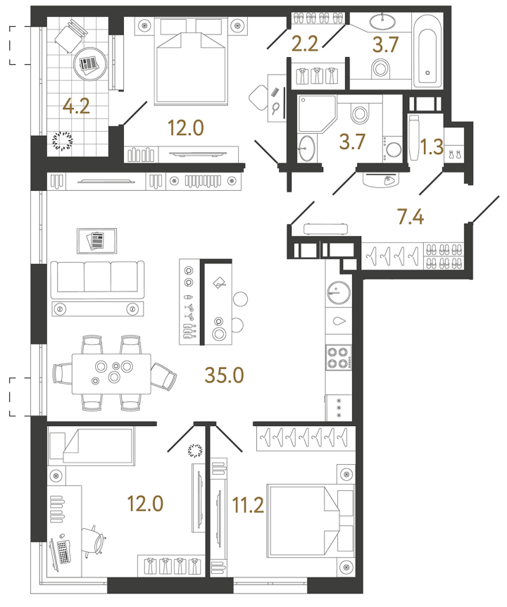 3-комнатная 88.5 м², 16 этаж