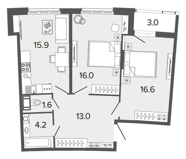 2-комнатная 67.3 м², 15 этаж, 16 587 118 руб.
