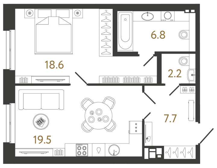 1-комнатная 54.9 м², 3 этаж