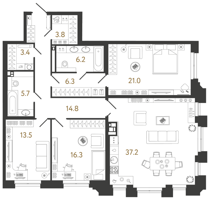 3-комнатная 128.2 м², 3 этаж