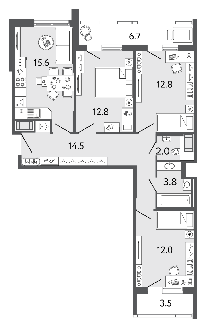 3-комнатная 73.5 м², 20 этаж, 16 263 750 руб.