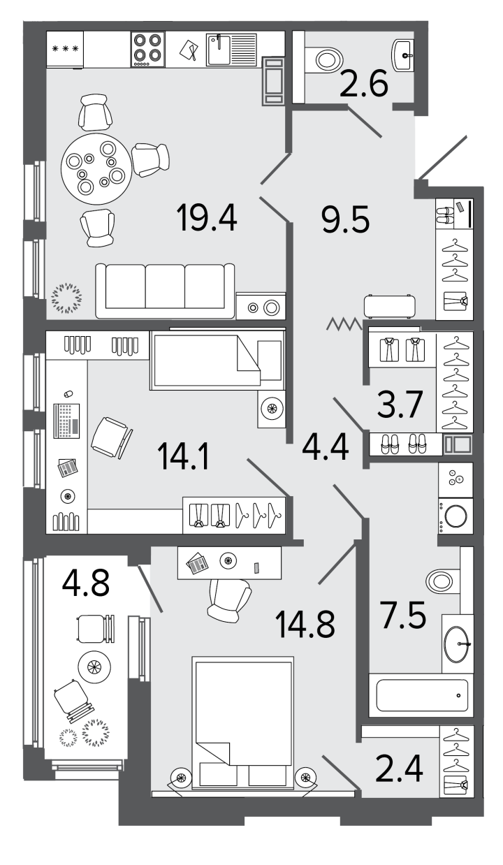 2-комнатная 78.4 м², 7 этаж, 28 298 460 руб.