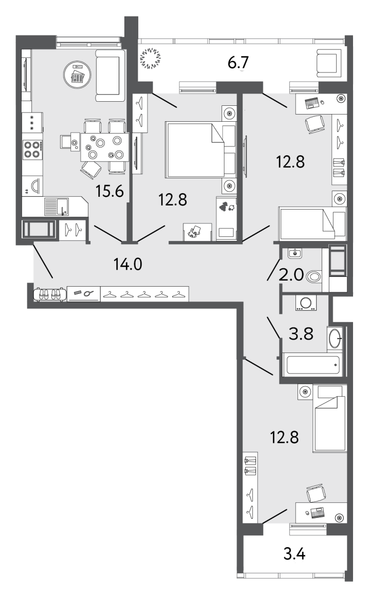 3-комнатная 73.8 м², 20 этаж, 16 330 132 руб.