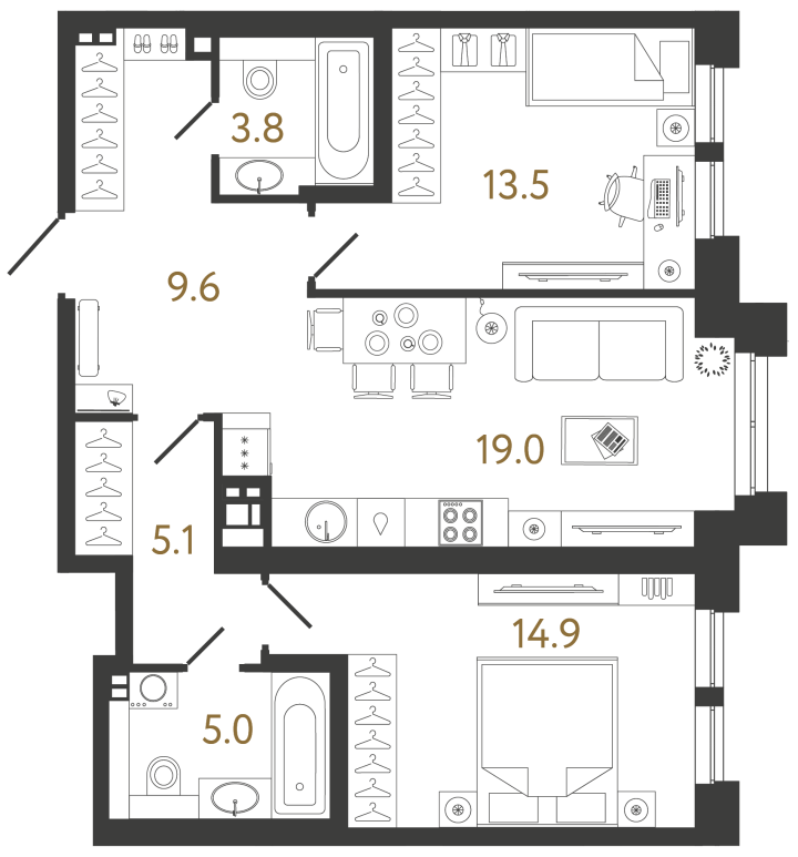 2-комнатная 70.9 м², 4 этаж