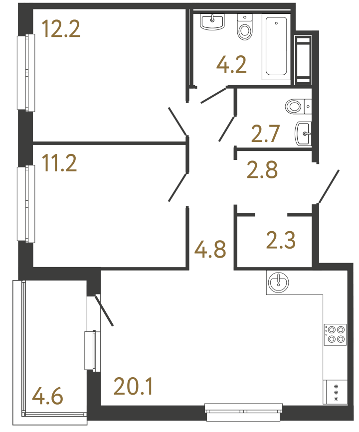 2-комнатная 60.3 м², 11 этаж