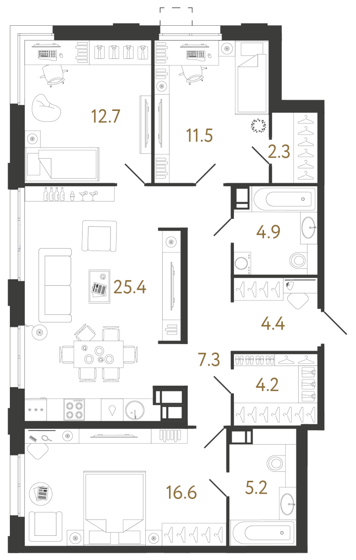 3-комнатная 94.5 м², 4 этаж