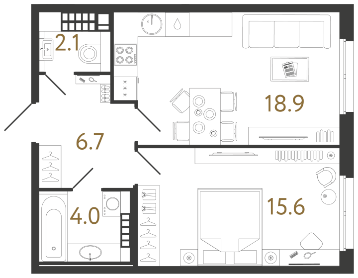 1-комнатная 47.3 м², 6 этаж