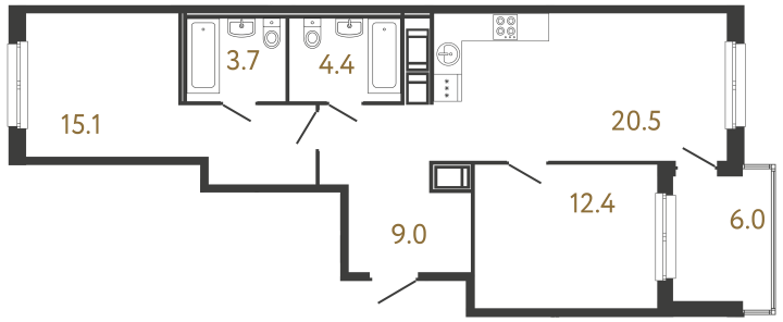 2-комнатная 65.1 м², 5 этаж