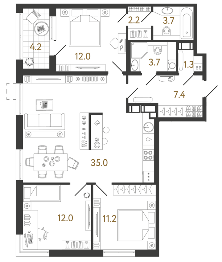 3-комнатная 88.5 м², 17 этаж