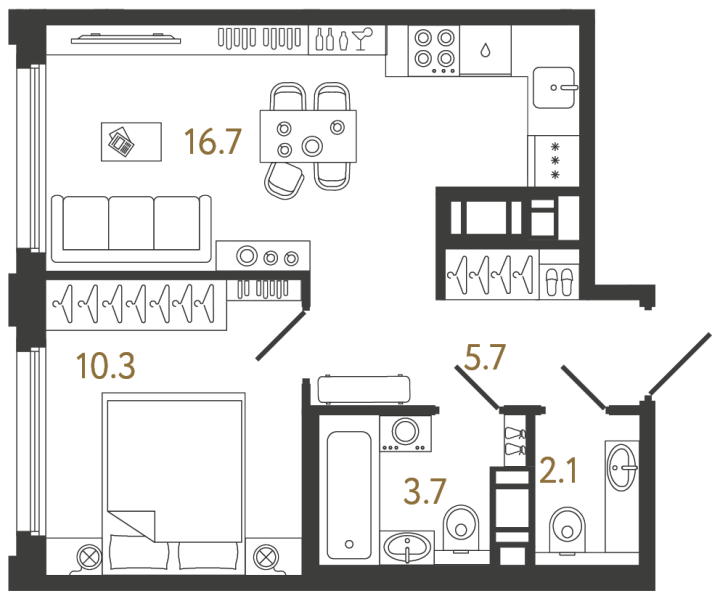 1-комнатная 38.5 м², 14 этаж