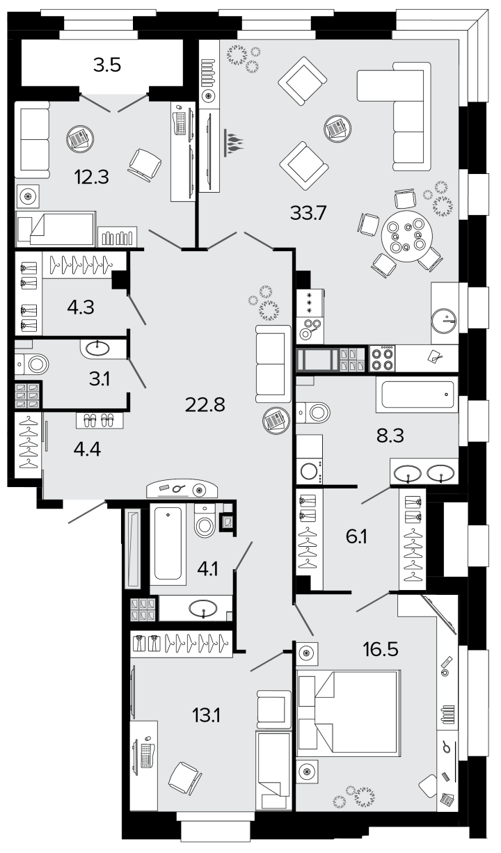 3-комнатная 129.1 м², 6 этаж, 74 449 385 руб.