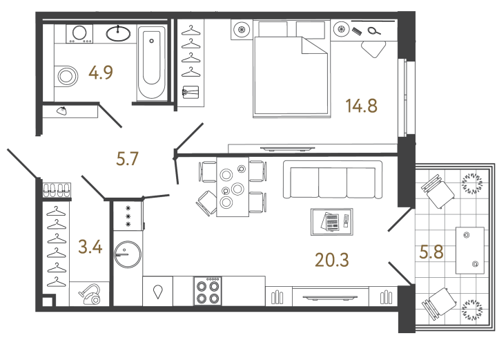 1-комнатный 49.1 м², 2 этаж