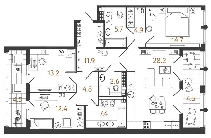 3-комнатная 106.8 м², 7 этаж, 50 177 682 руб.