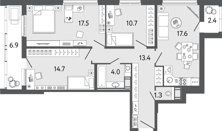 3-комнатная 79.2 м², 16 этаж, 17 704 812 руб.
