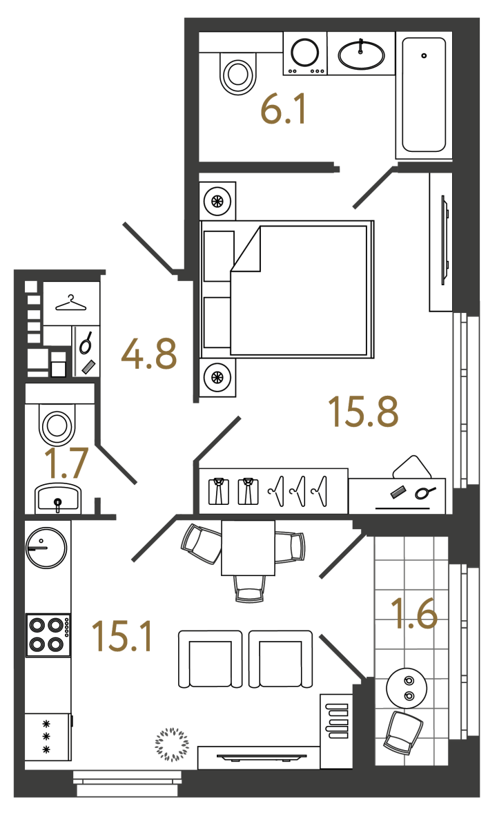 1-комнатная 43.5 м², 4 этаж, 19 653 756 руб.