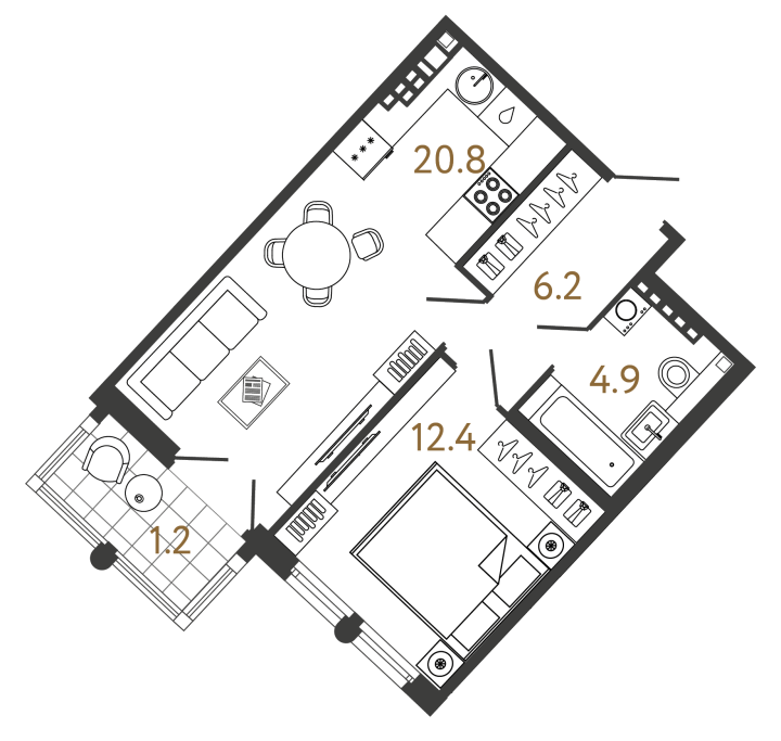 1-комнатная 44.3 м², 7 этаж, 23 980 345 руб.