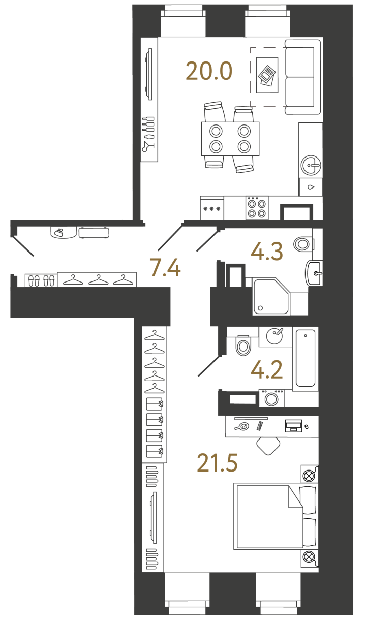 1-комнатная 57.4 м², 2 этаж