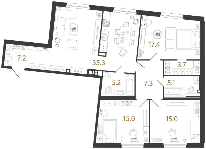 3-комнатная 111.2 м², 2 этаж