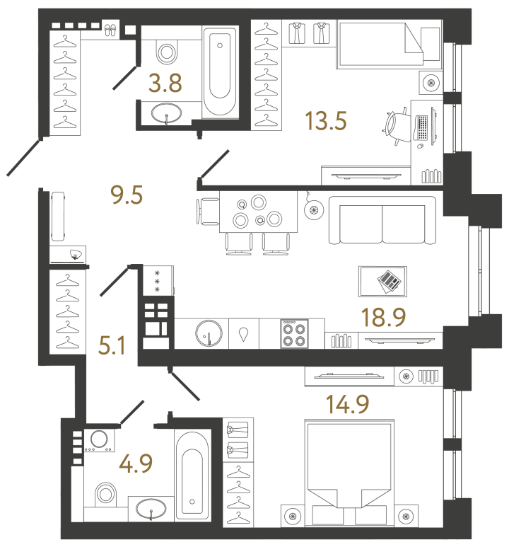 2-комнатная 70.6 м², 6 этаж