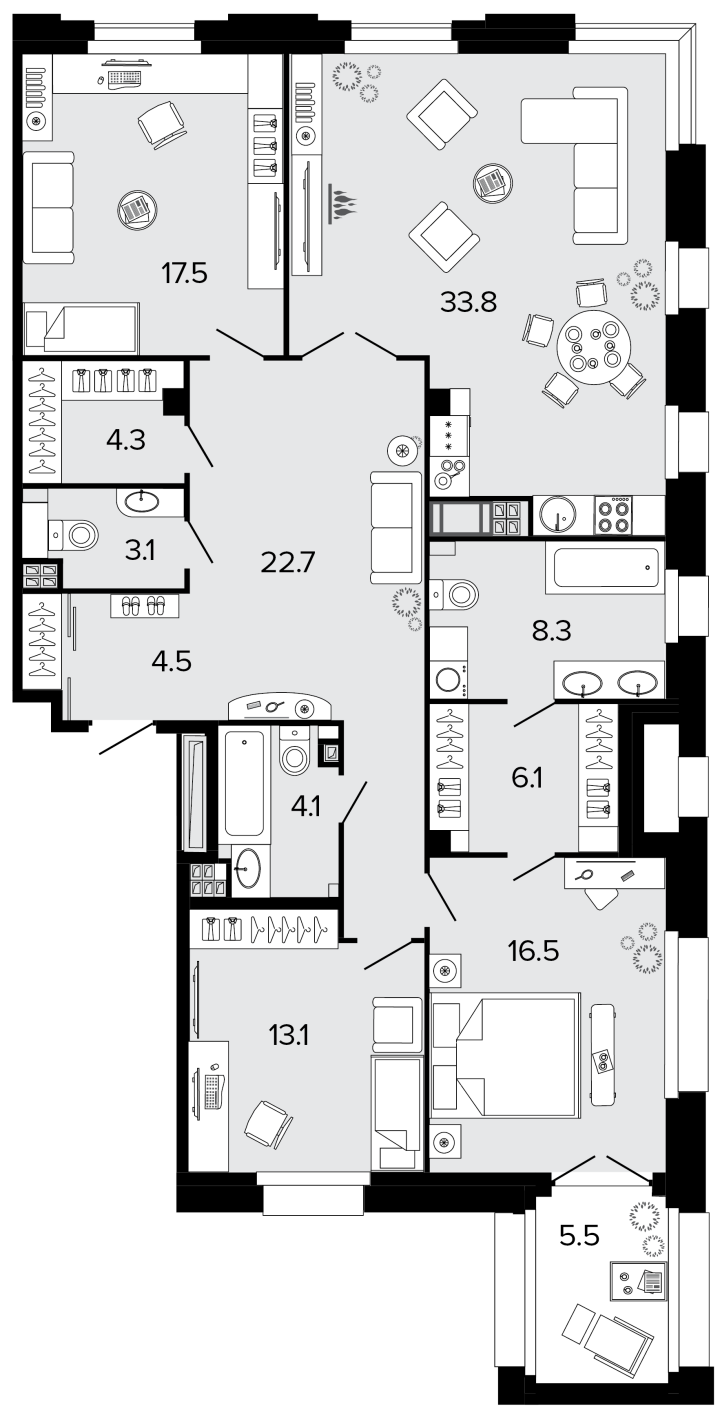 3-комнатная 134.6 м², 5 этаж, 69 843 190 руб.