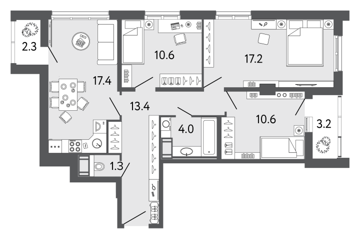 3-комнатная 74.5 м², 5 этаж, 16 032 179 руб.