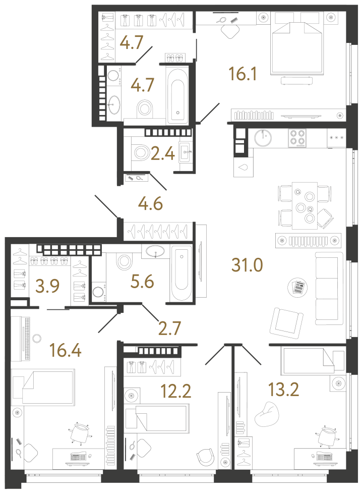 4-комнатная 117.5 м², 9 этаж, 64 174 999 руб.