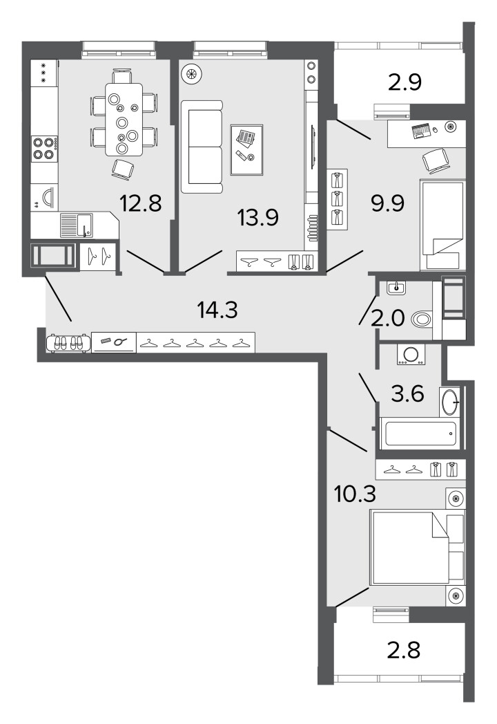 3-комнатная 66.8 м²