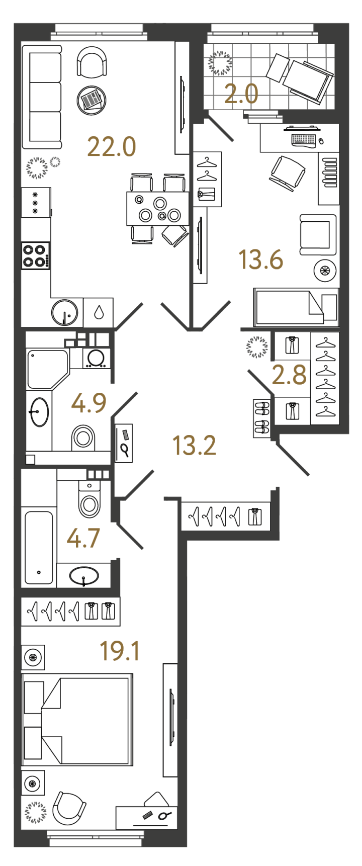 2-комнатная 80.3 м², 4 этаж, 33 805 521 руб.