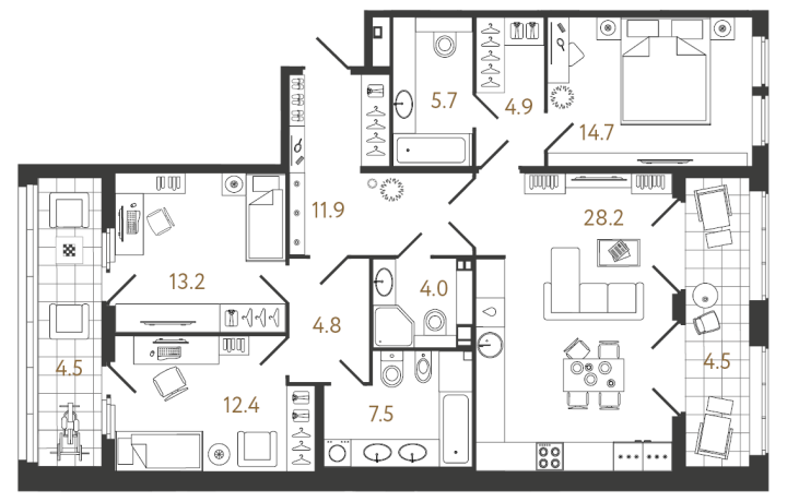 3-комнатная 107.3 м², 2 этаж, 38 406 758 руб.