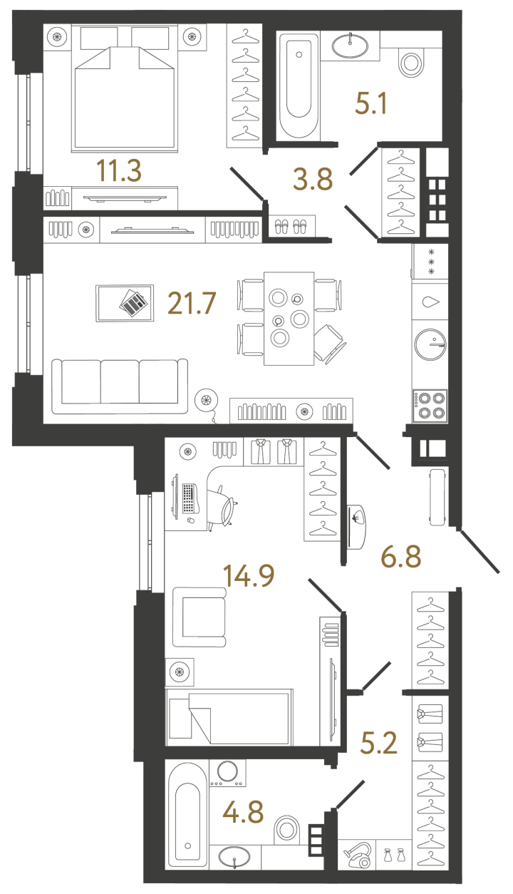 2-комнатная 73.6 м², 6 этаж