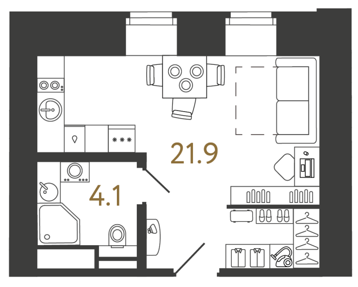 1-комнатная 26 м², 4 этаж