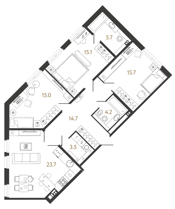 3-комнатная 97.6 м², 3 этаж, 39 173 517 руб.