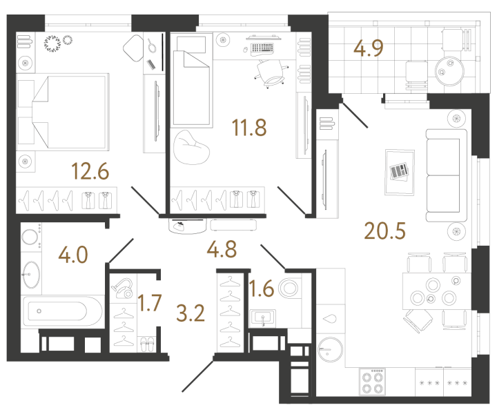 2-комнатная 60.2 м², 9 этаж