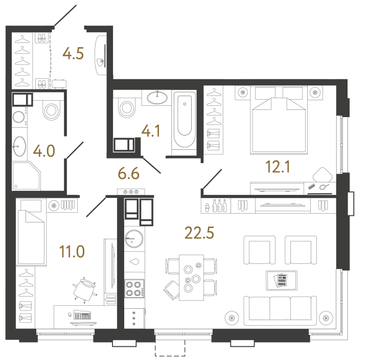 2-комнатная 64.8 м², 6 этаж