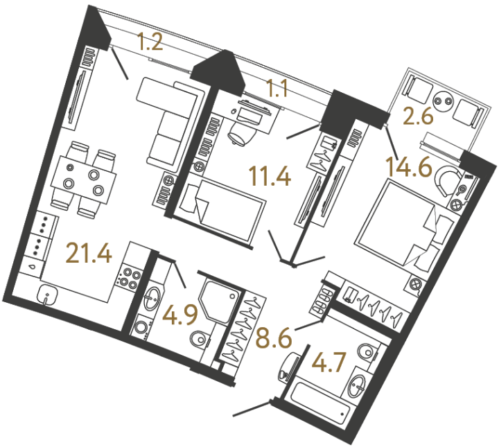 2-комнатная 65.6 м², 2 этаж
